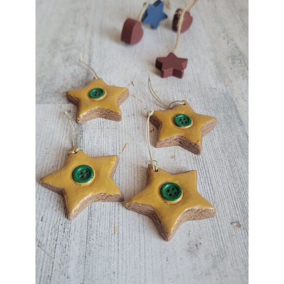 Gingerbread star cookie button heart ornament Xmas set - Picture 3 of 5